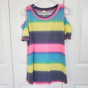 Colorful Rainbow Striped Cold Shoulder Top Women's Size Medium